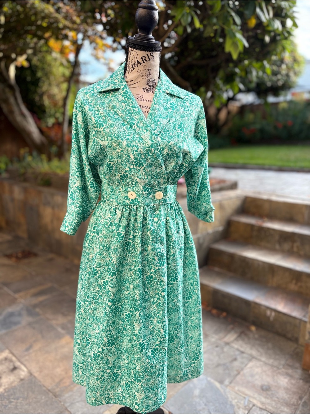 Vintage 70s Green Floral Prairie Midi Dress Lace Collar Cottagecore